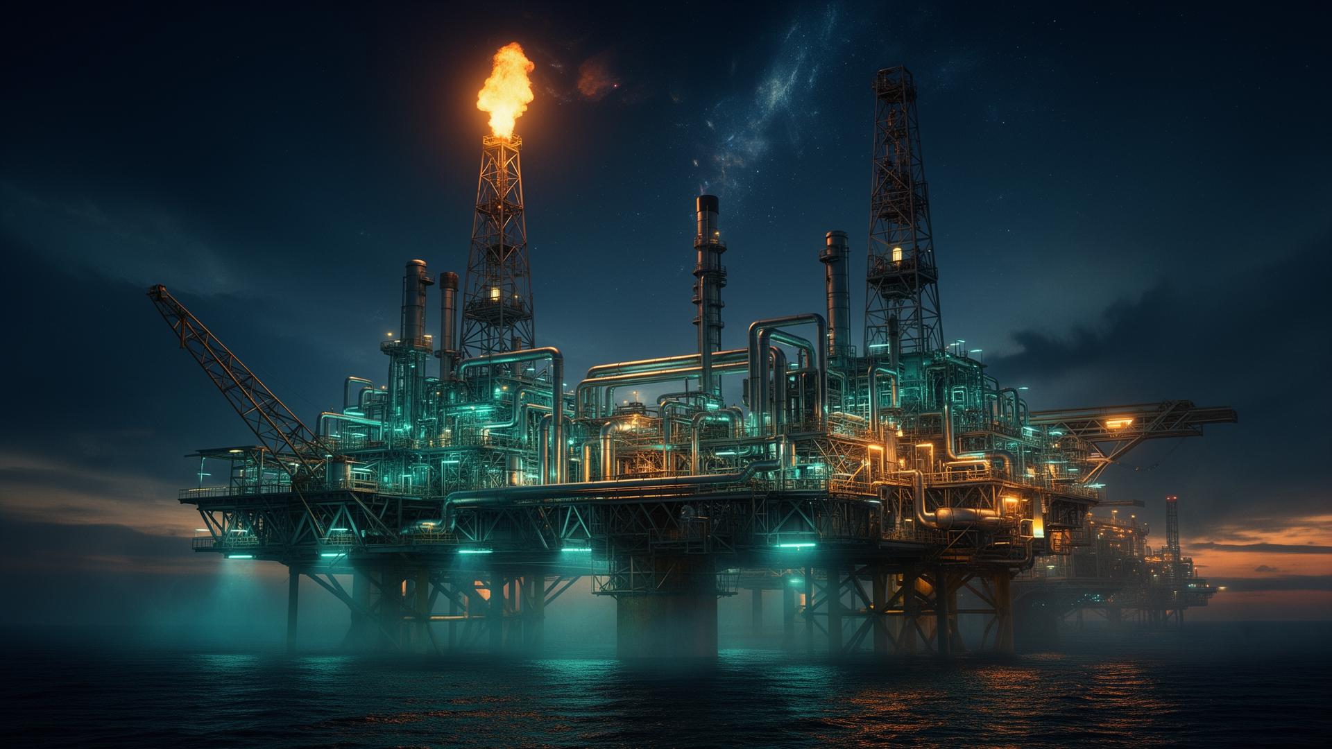 Offshore oil platform at night with gas flare